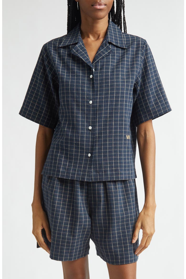London Windowpane Check Stretch Linen Bowling Shirt, Main, color, NAVY / IVORY / RUST
