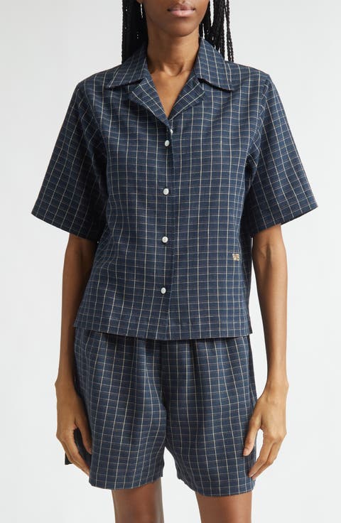 London Windowpane Check Stretch Linen Bowling Shirt