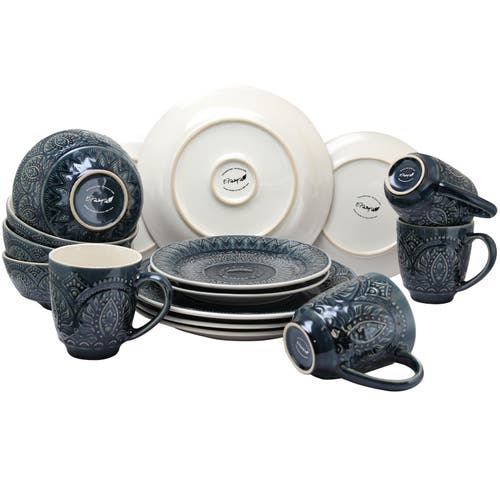 Elama Petra 16 Piece Stoneware Dinnerware Set In Blue