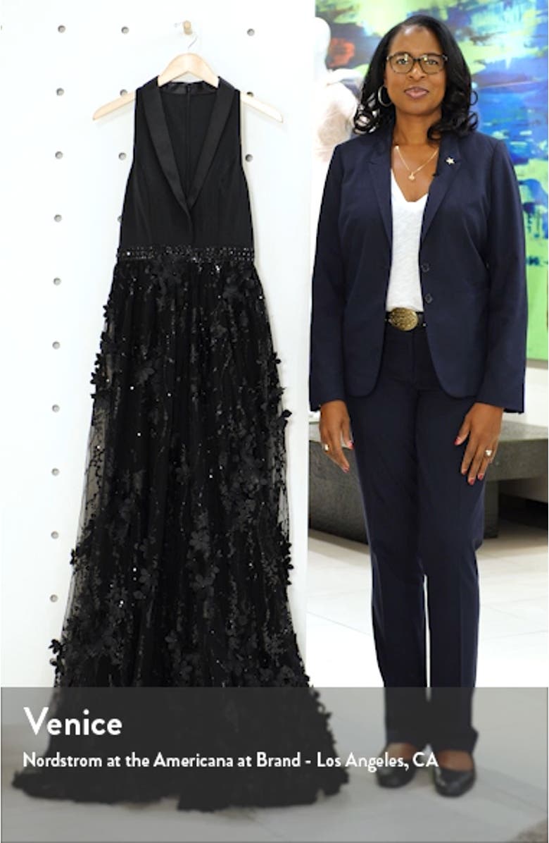 Tuxedo Lapel Floral Embellished Gown, sales video thumbnail