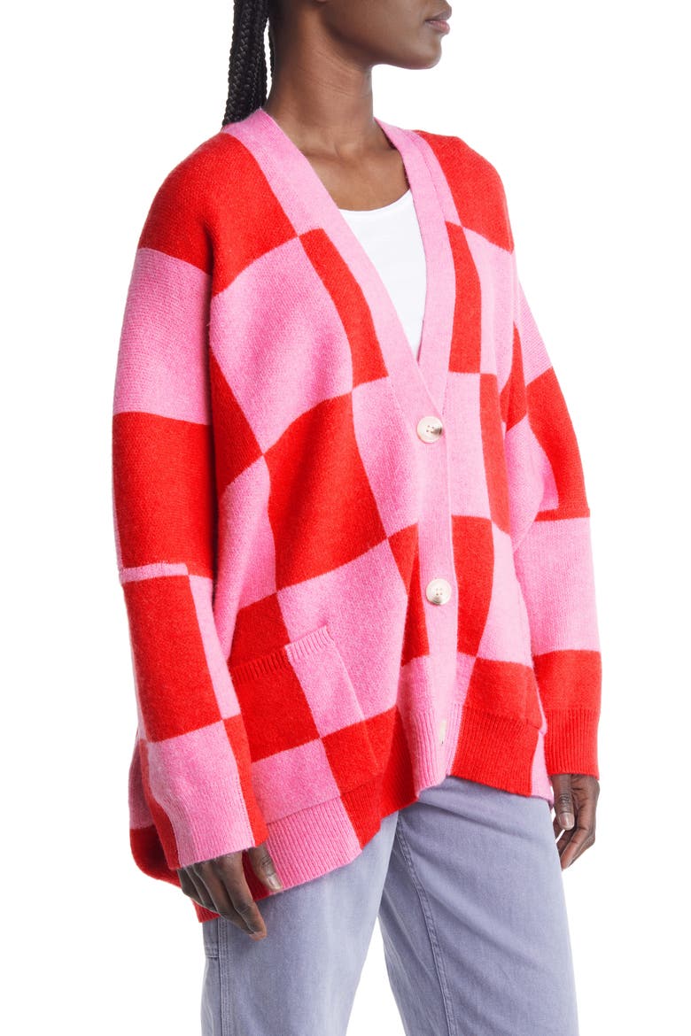 Love You Oversize Cardigan, Alternate, color, PINK RED CHECK