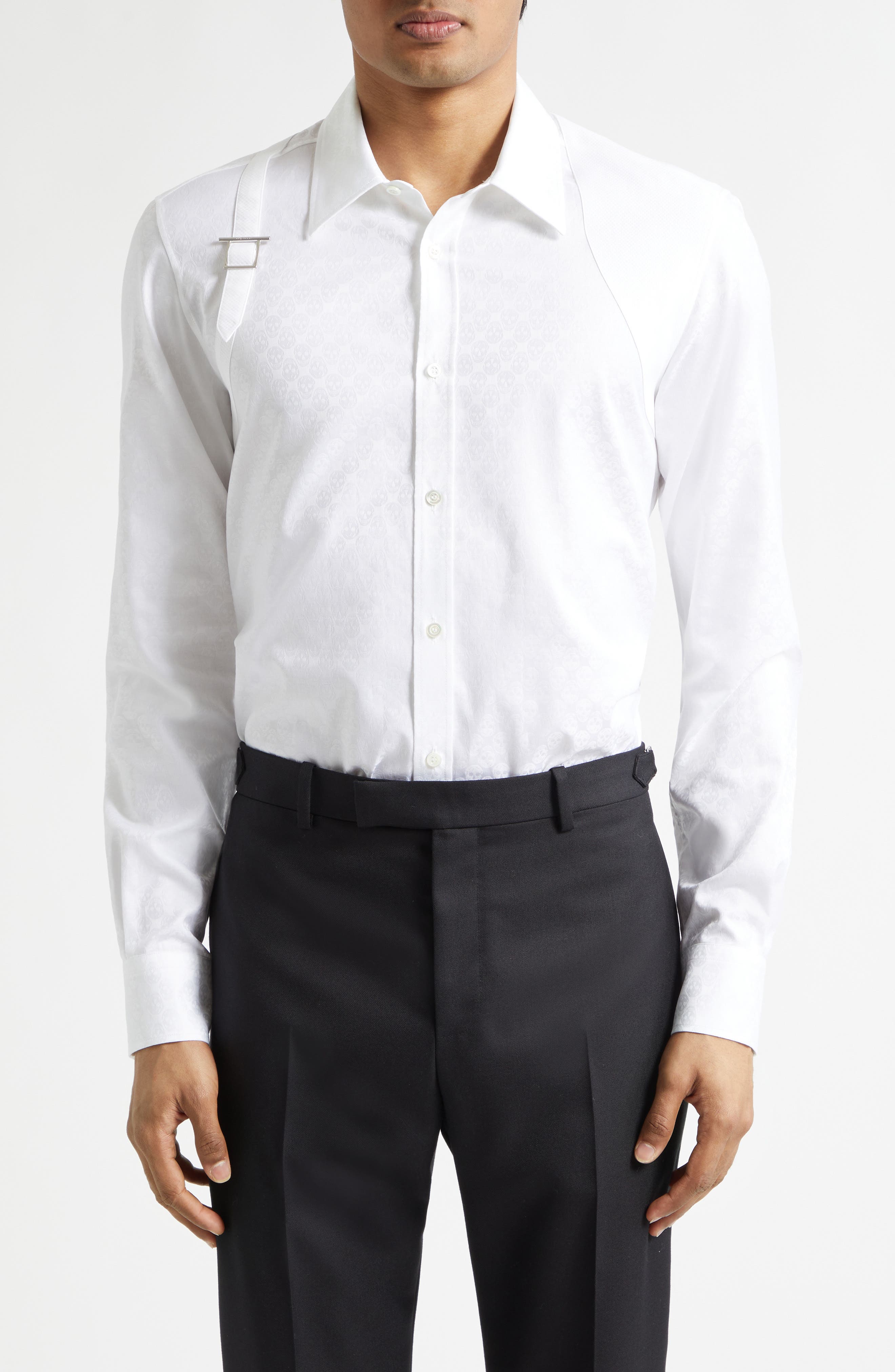 Harness Strap Skull Print Cotton Poplin & Pique Button-Up Shirt