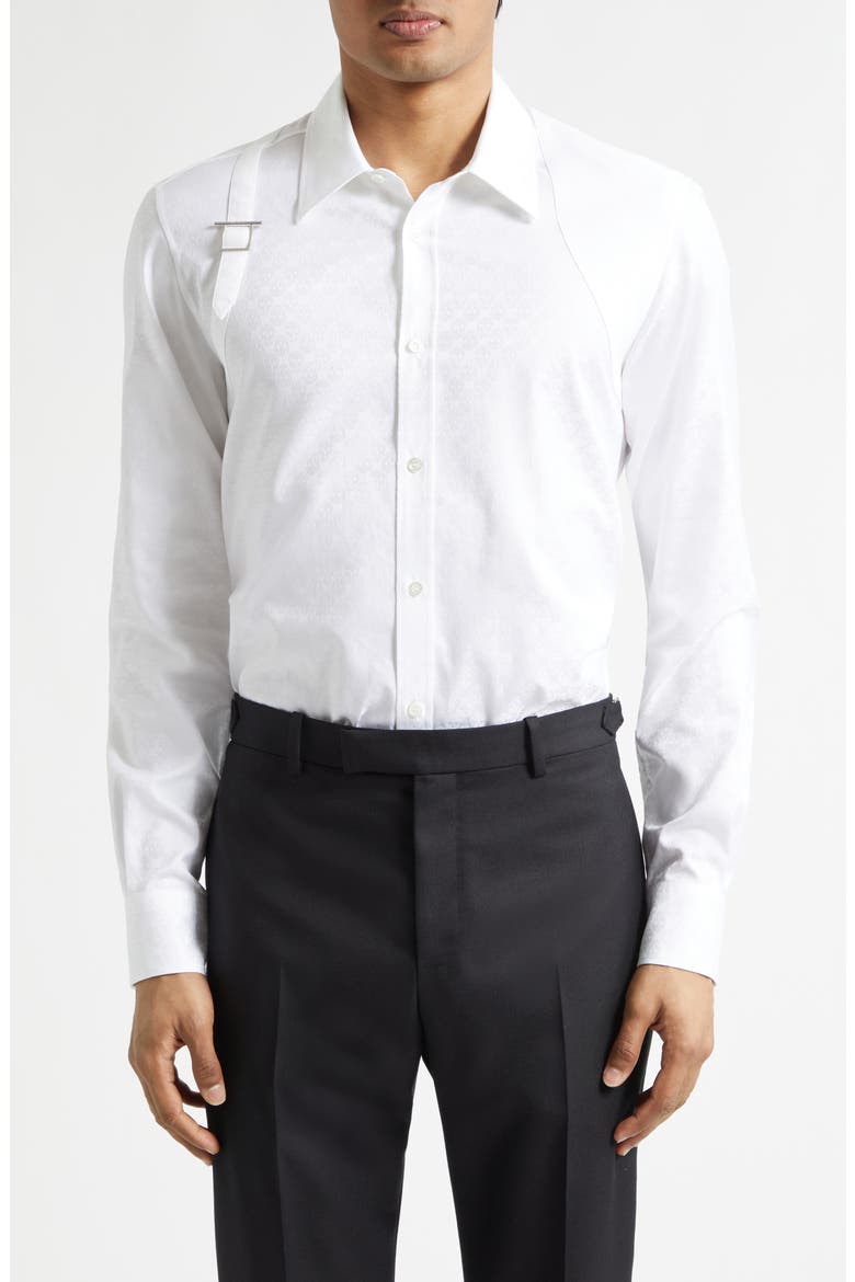 Harness Strap Skull Print Cotton Poplin & Piqué Button-Up Shirt, Main, color, WHITE