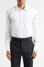 McQueen Harness Strap Skull Print Cotton Poplin & Piqué Button-Up Shirt