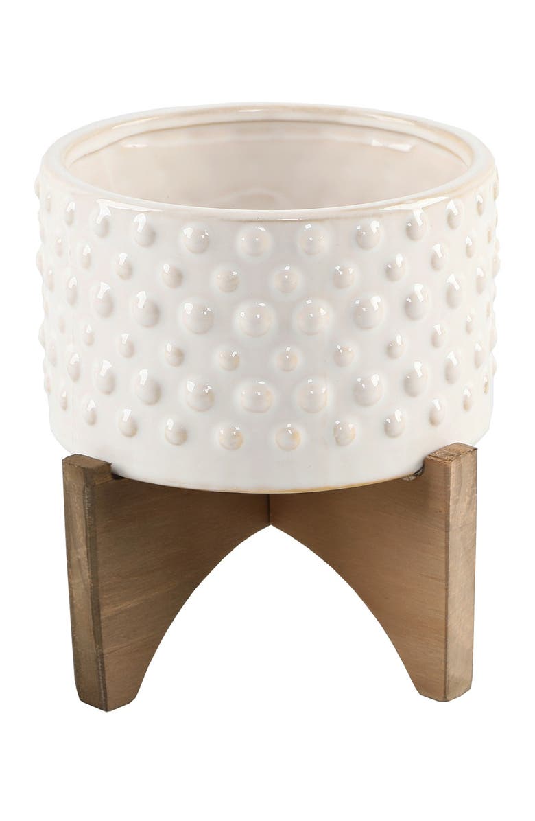 FLORA BUNDA 6" Hobnail Ceramic Planter on Wood Stand, Main, color, White