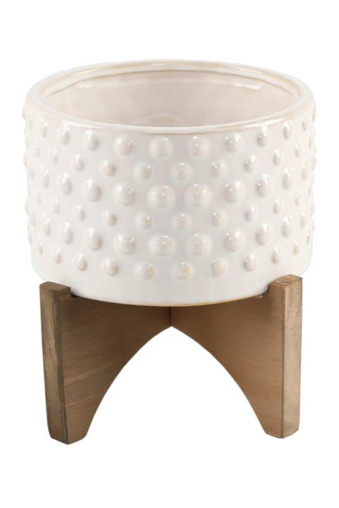 6"  Hobnail Ceramic Planter on Wood Stand
