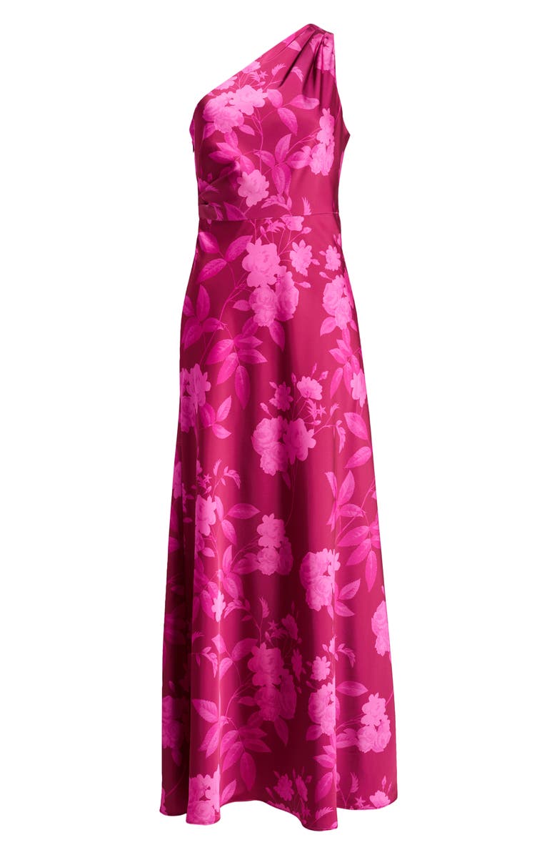 Sachin & Babi Delphine Floral One-Shoulder Satin Crepe Sheath Gown, Main, color, Rhodolite Roses