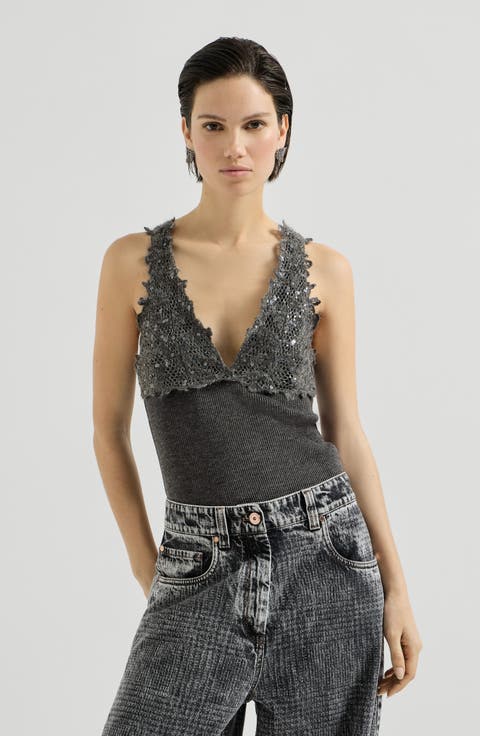 Ribbed wool jersey top with dazzling lace embroidery