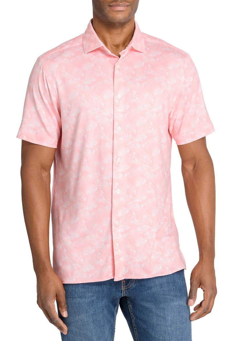 Trim Fit Floral Print Short Sleeve Button-Up Shirt, Main, color, CORAL