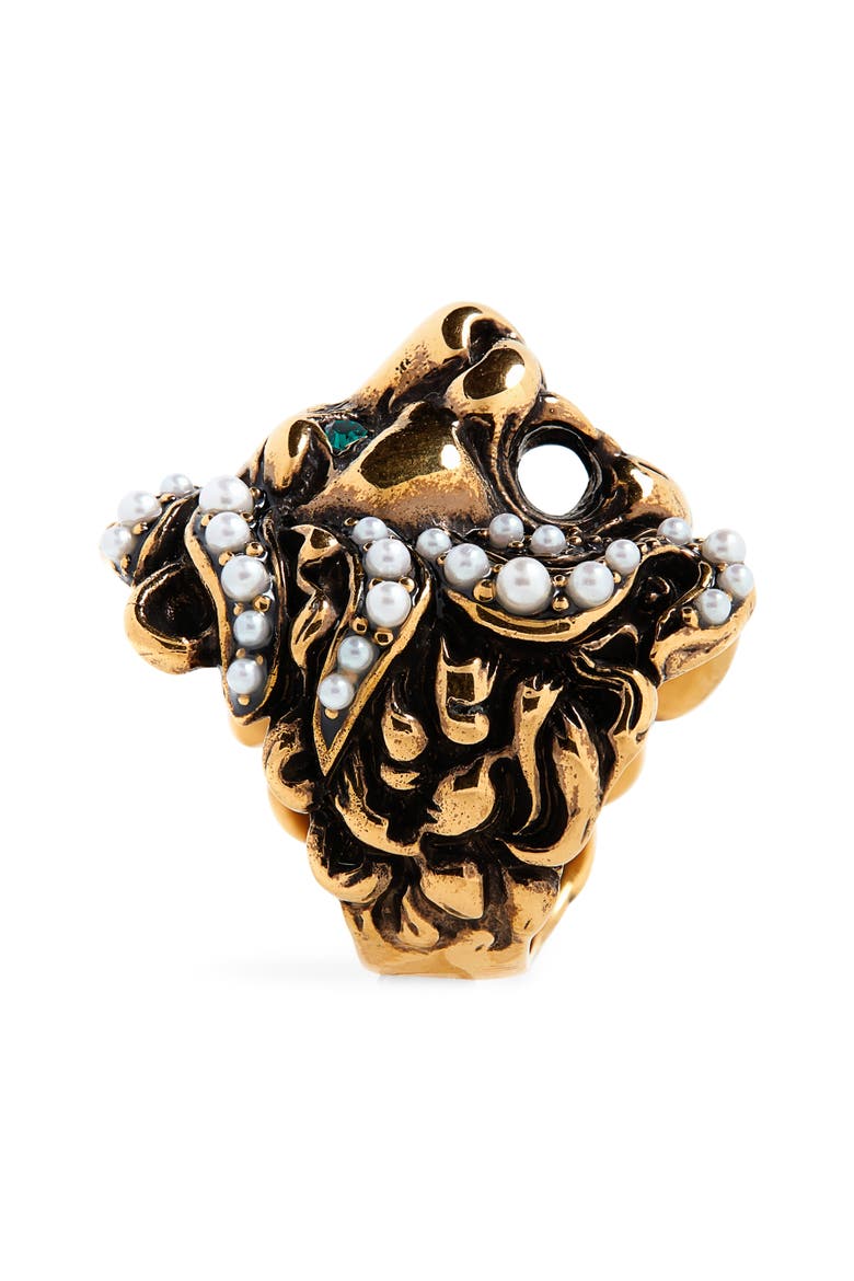 Lion Head Imitation Pearl & Crystal Ring, Alternate, color, GOLD/ PEARL