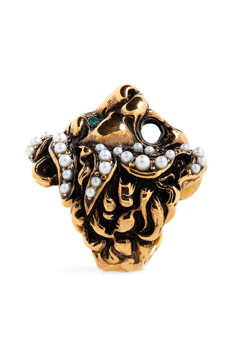 Gucci Lion Head Imitation Pearl & Crystal Ring, Alternate, color,