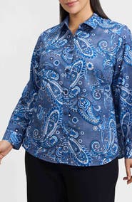 Foxcroft Hampton Paisley Print Cotton Poplin Button-Up Shirt