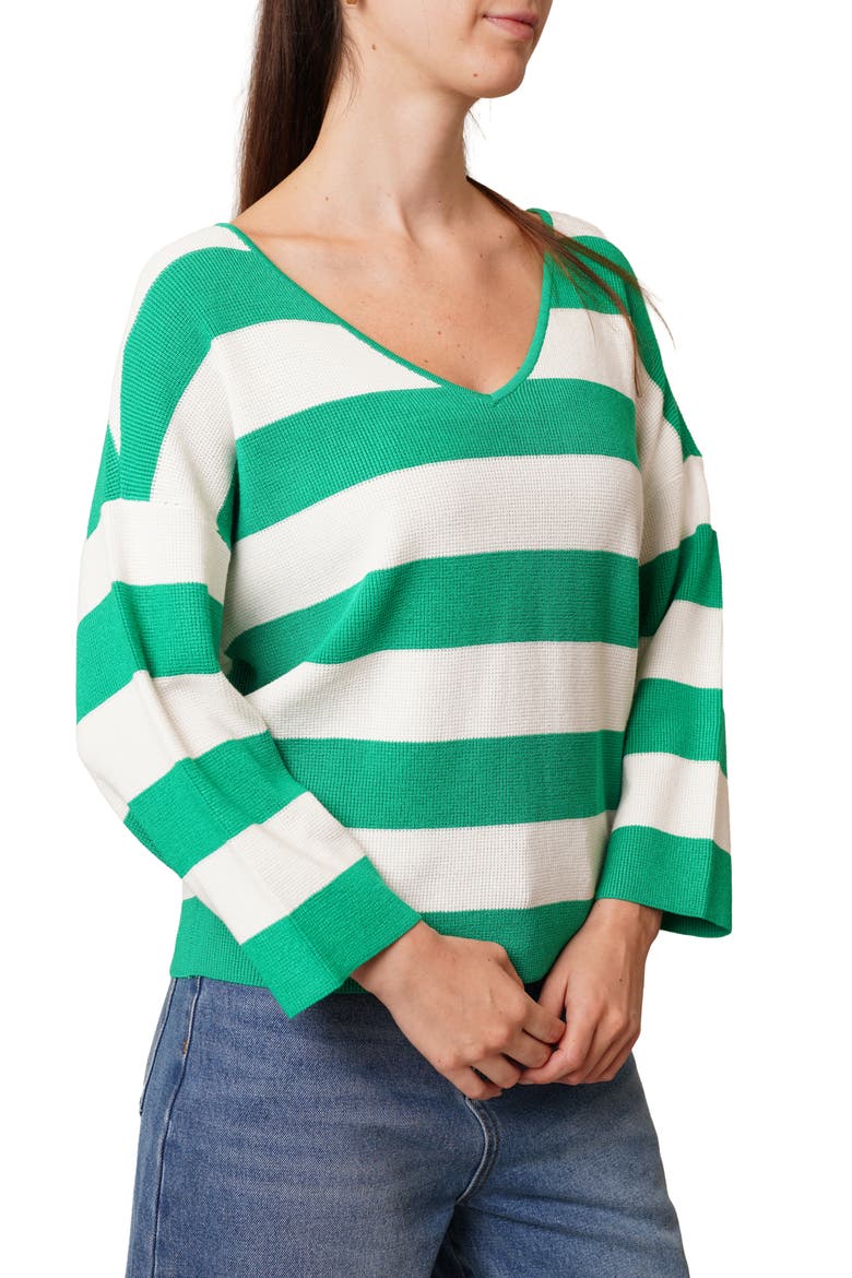 Stripe V-Neck Waffle Knit Sweater, Alternate, color, GREEN JELLY BEAN/ BRIGHT WHITE