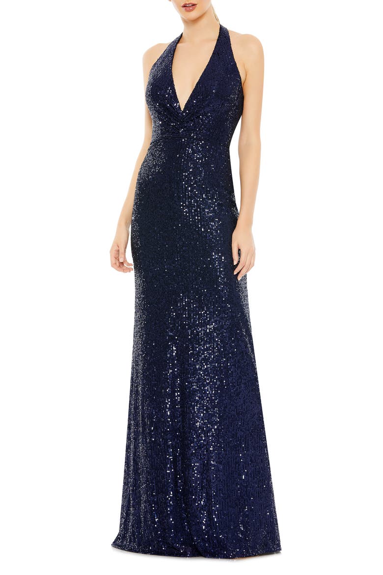 Sequined Halter Strap Plunge Neck Gown, Main, color, NAVY