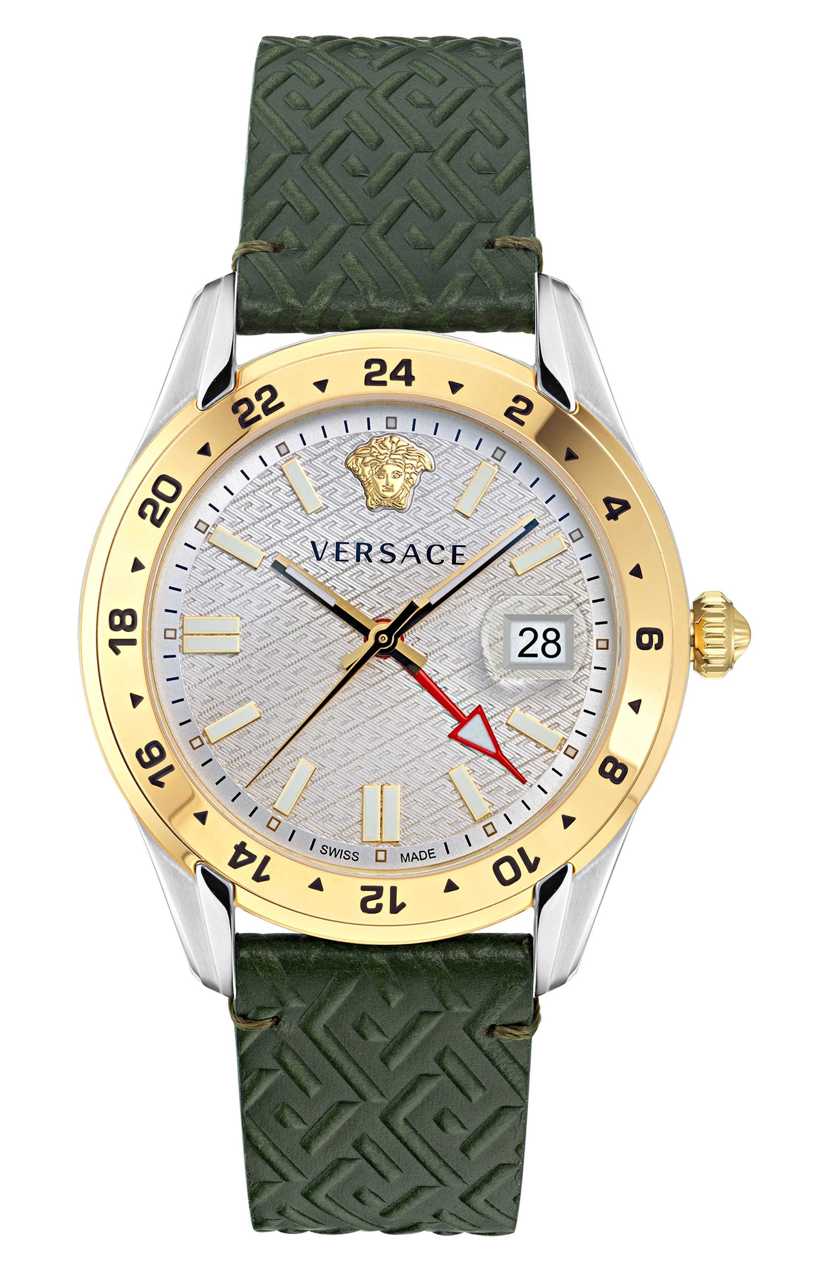 Versace Greca Time Leather Strap Watch, 41mm