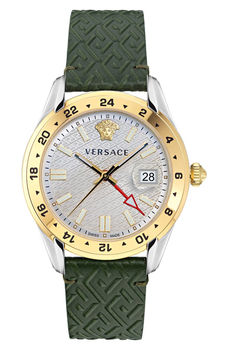 Versace Greca Time Leather Strap Watch, 41mm, Main, color, Two Tone