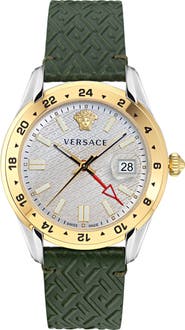 Versace Greca Time Leather Strap Watch, 41mm
