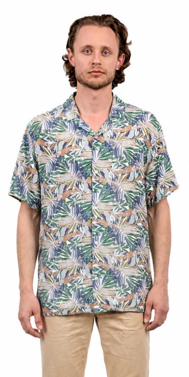 Tropical Print Button-Down Hawaiian Camp Shirt
