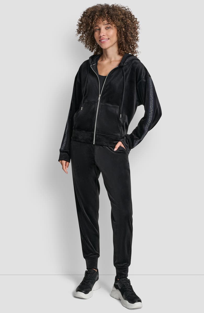 DKNY Velour Zip-Up Hoodie, Alternate, color, Black/ Silver