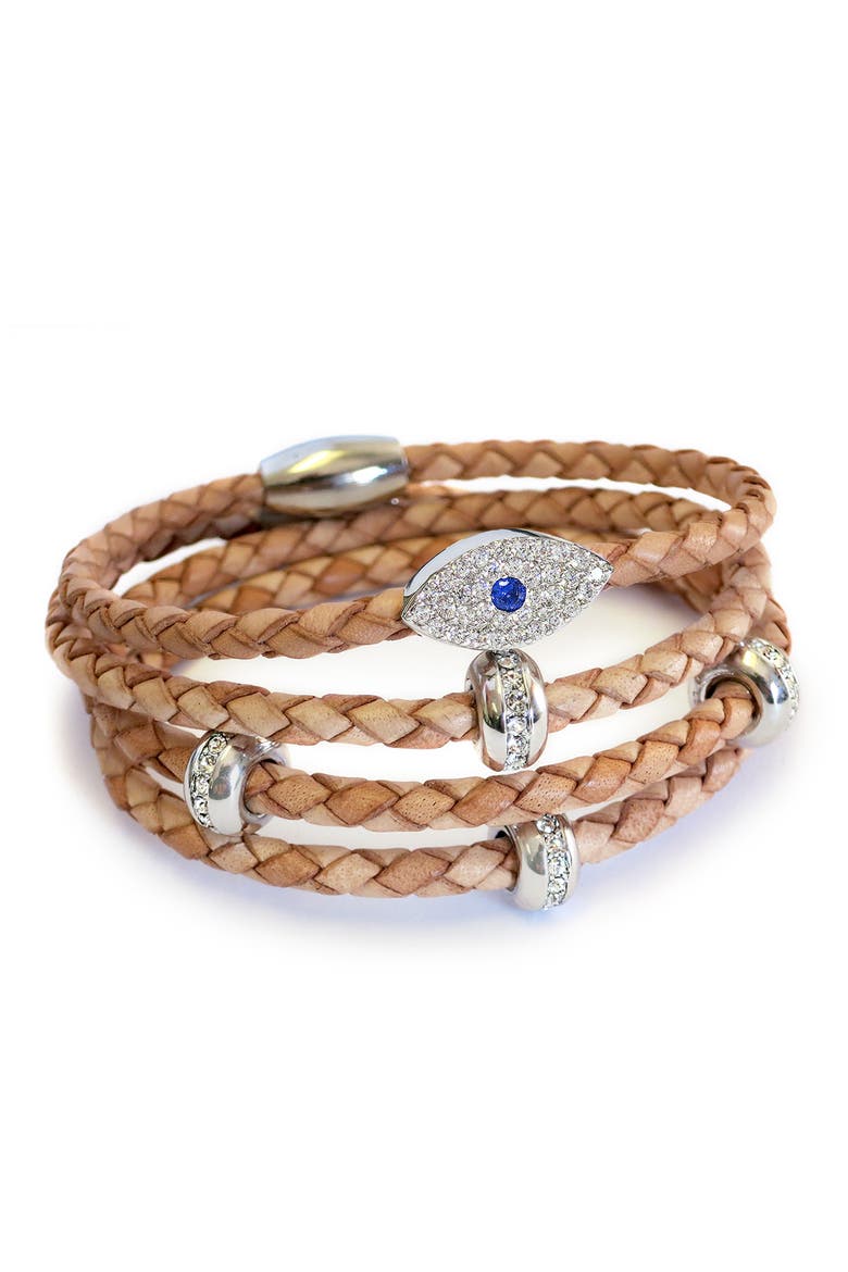 Set of 2 Evil Eye & Good Karma Braided Leather Wrap Bracelets, Main, color, SILVER/ NATURAL