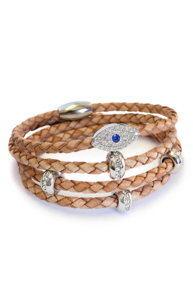 Liza Schwartz Set of 2 Evil Eye & Good Karma Braided Leather Wrap Bracelets, Main, color, Silver/ Natural
