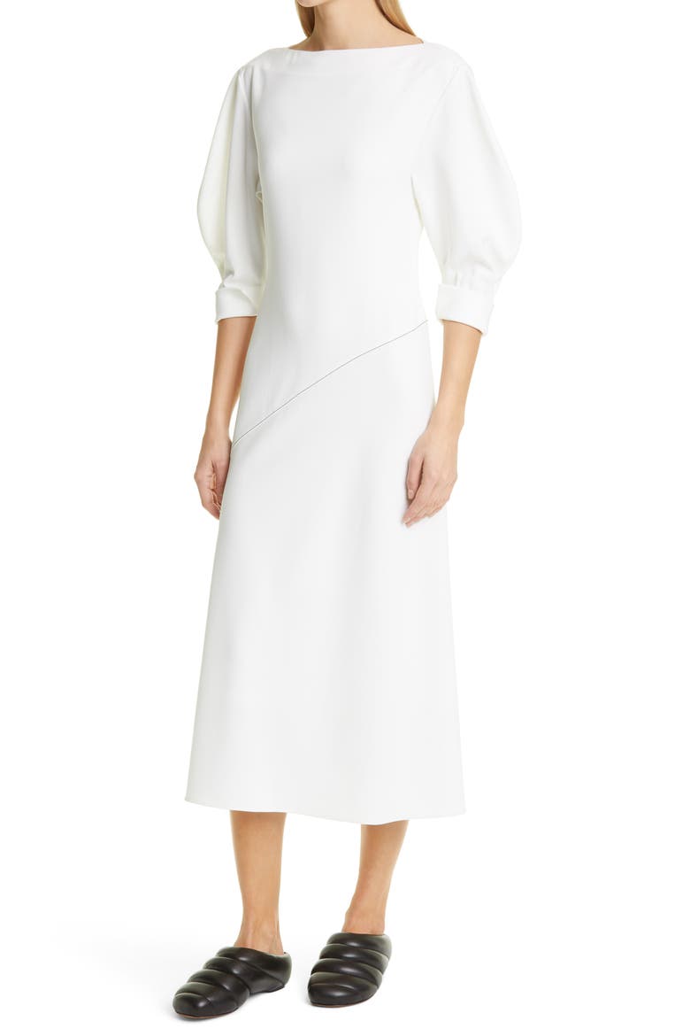 Puff Sleeve Crepe Dress, Alternate, color, OFF WHITE