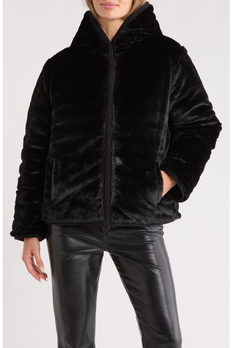 Reversible Faux Fur Hooded Puffer Jacket, Alternate, color, BLACK