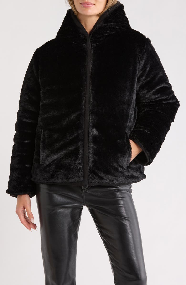 Rebecca Minkoff Reversible Faux Fur Hooded Puffer Jacket, Alternate, color, Black