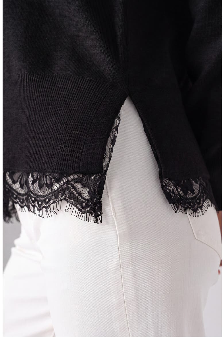 Lace Trim V-Neck Sweater, Alternate, color, BLACK