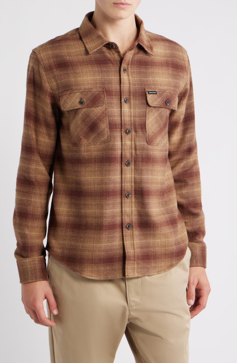 Brixton Bowery Plaid Flannel Button-Up Shirt, Main, color, Chocolate/ Khaki