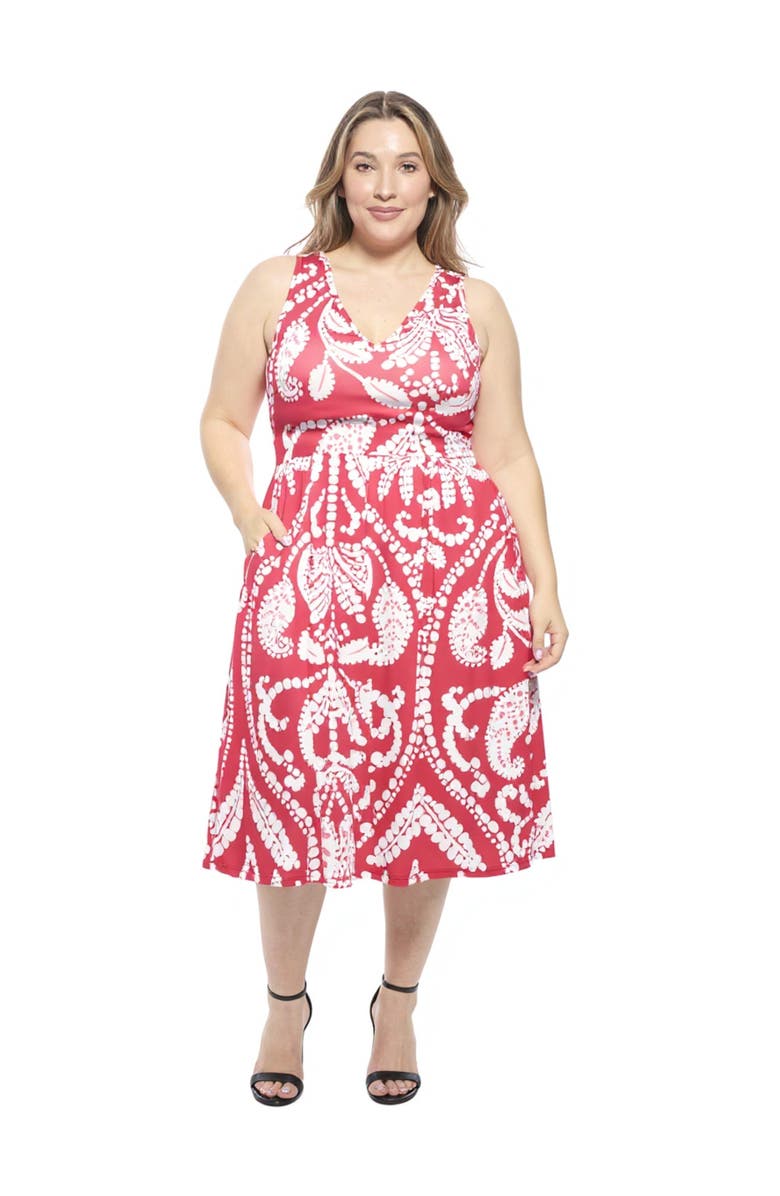 24seven Comfort Apparel Plus Size Paisley V-Neck Sleeveless Pleated Pocket Midi Fit N Flare Dress, Main, color, Red Multi