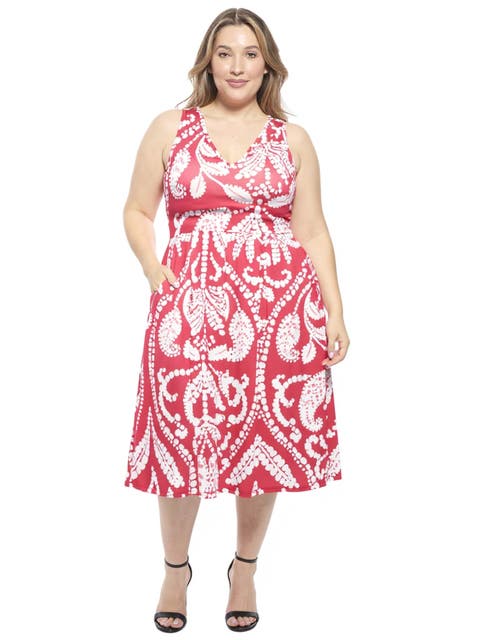 Plus Size Paisley V-Neck Sleeveless Pleated Pocket Midi Fit N Flare Dress