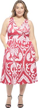 24seven Comfort Apparel Plus Size Paisley V-Neck Sleeveless Pleated Pocket Midi Fit N Flare Dress