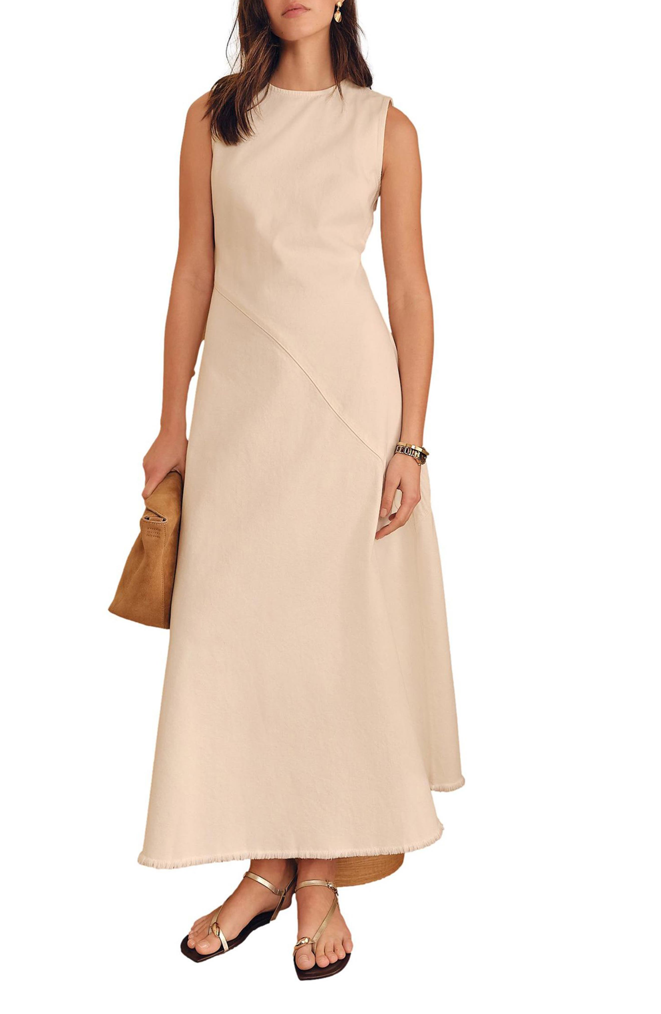 NEXT Asymmetricc Seam Cotton Blend Denim Maxi Dress in Neutral 