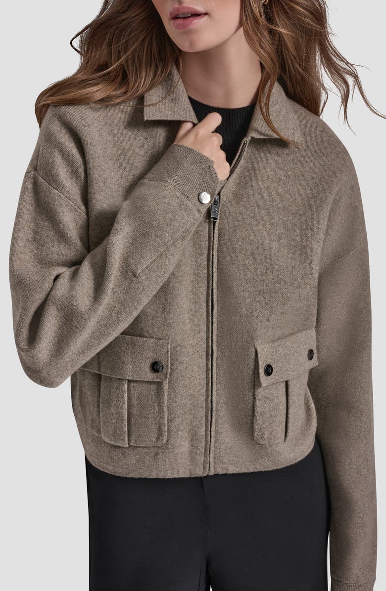 DKNY Collared Zip Cardigan, Alternate, color, City Taupe Heather