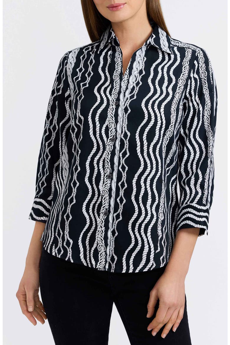 Paityn Braid Print Three-Quarter Sleeve Cotton Button-Up Shirt, Main, color, BLACK/ WHITE