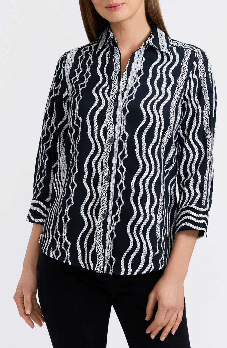 Foxcroft Paityn Braid Print Three-Quarter Sleeve Cotton Button-Up Shirt, Main, color, Black/ White