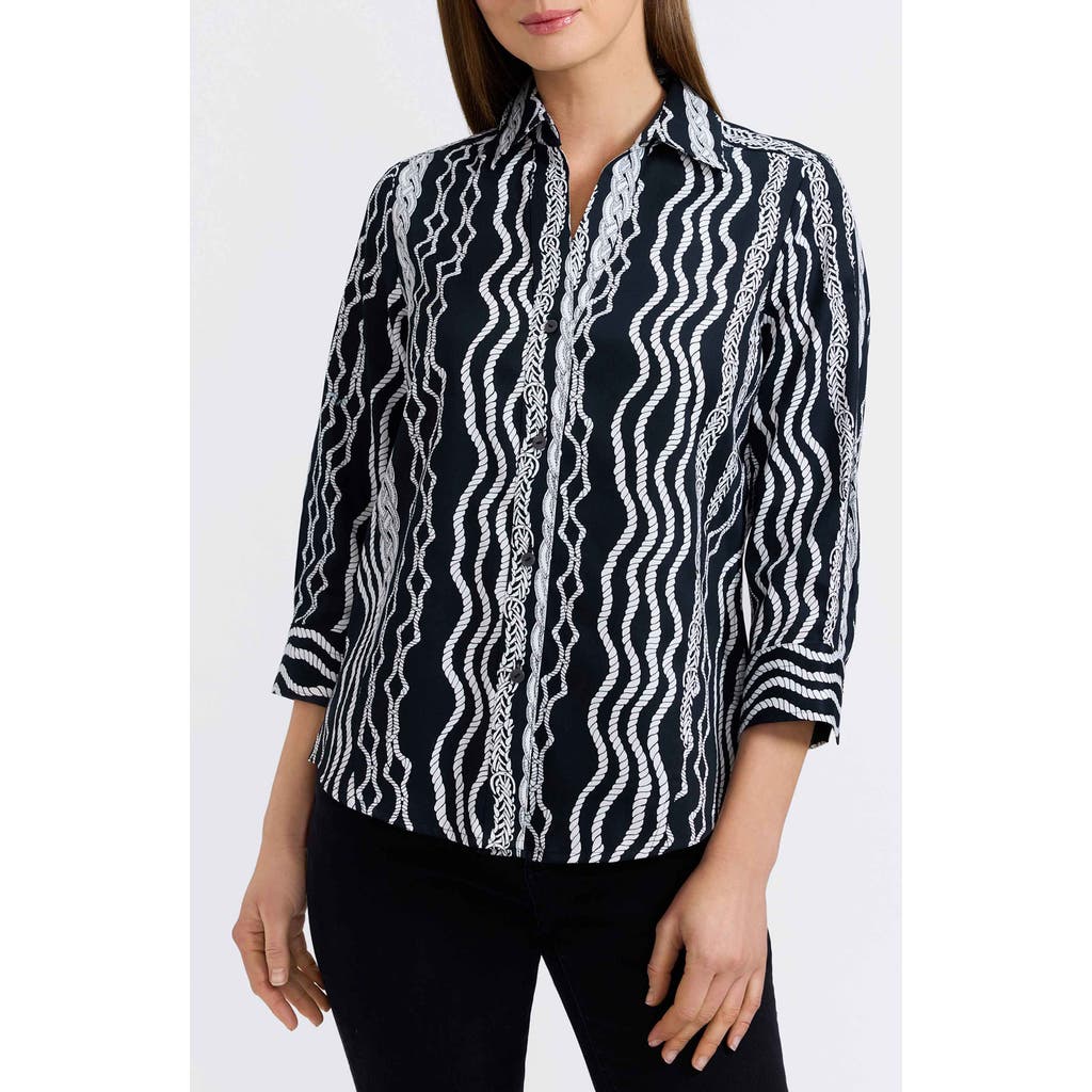 Foxcroft Paityn Braid Print Three-quarter Sleeve Cotton Button-up Shirt