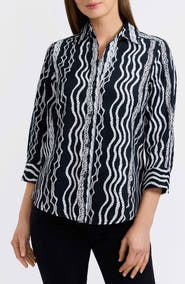 Foxcroft Paityn Braid Print Three-Quarter Sleeve Cotton Button-Up Shirt