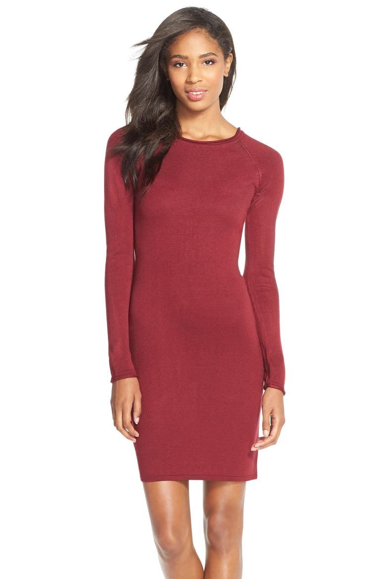Raglan Sleeve Body-Con Sweater Dress, Main, color, BORDEAUX