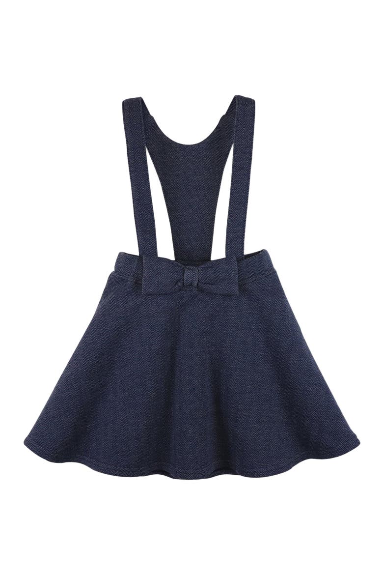 Girls' Fleece Bow Front Suspender Skirt, Toddler, Main, color, Navy Herringbone