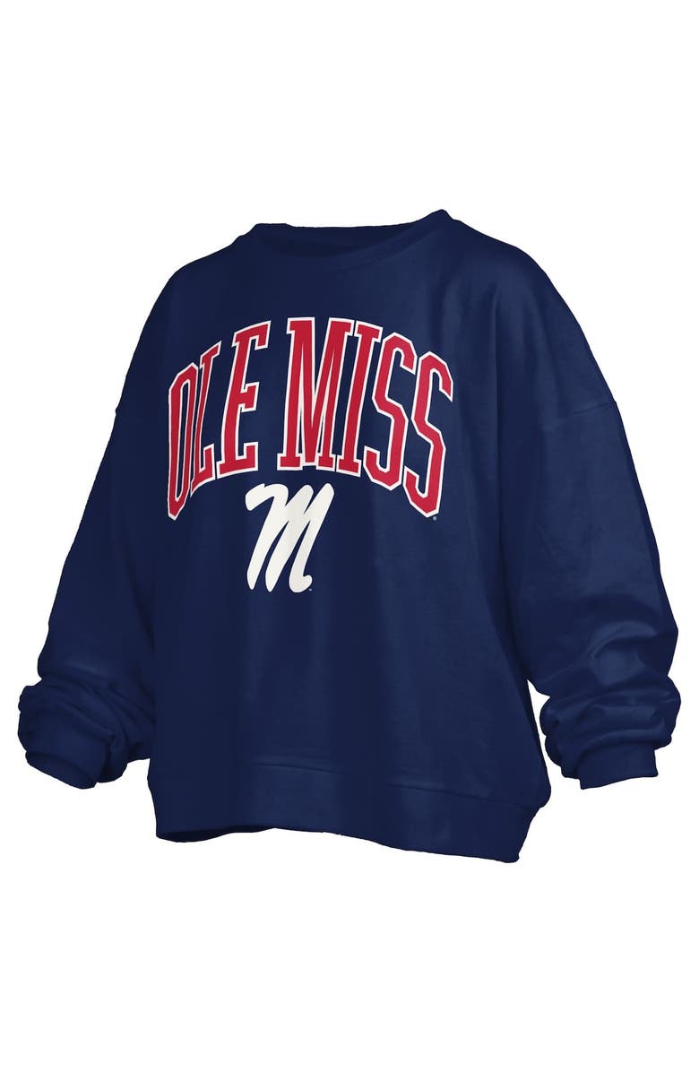 PRESSBOX Women's Pressbox Navy Ole Miss Rebels Janise Arch Over Logo Waist Length Oversized Pullover Sweatshirt, Alternate, color, Navy