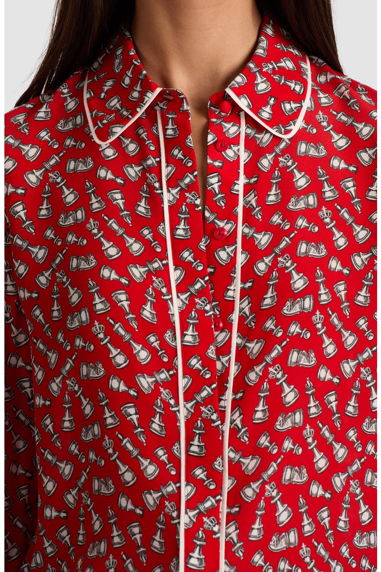 Willa Chess Piece Print Silk Button-Up Shirt, Alternate, color, QUEENING