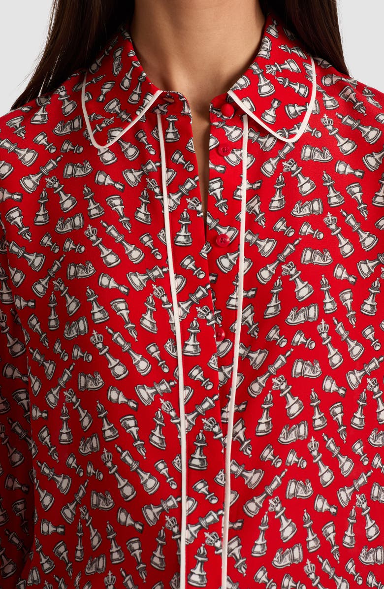 Alice + Olivia Willa Chess Piece Print Silk Button-Up Shirt, Alternate, color, Queening