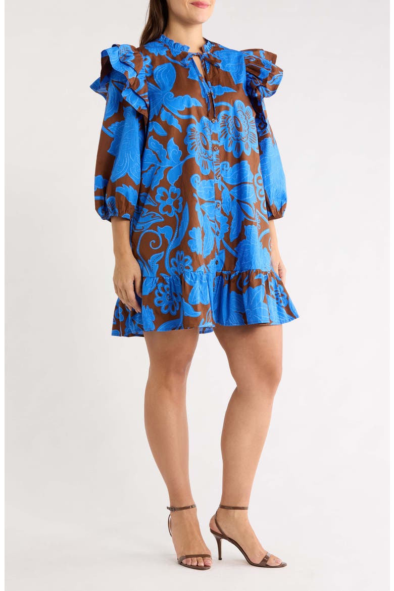 Ofelia Floral Sammy Ruffle Shift Dress, Alternate, color, BROWN-BLUES