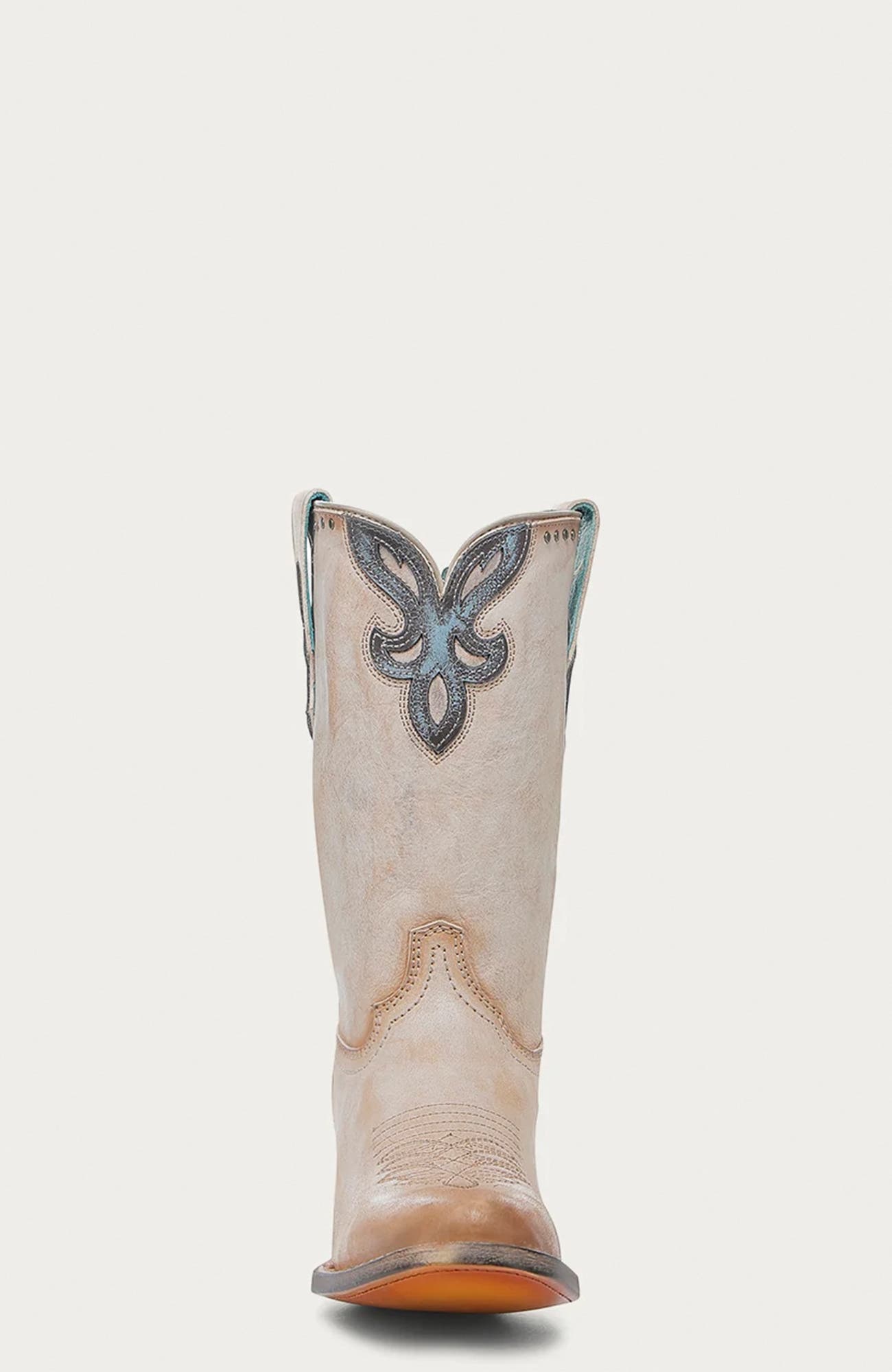 Cowhide Embroidered Overlay Studded Round Toe Western Boots, Alternate, color, SAND