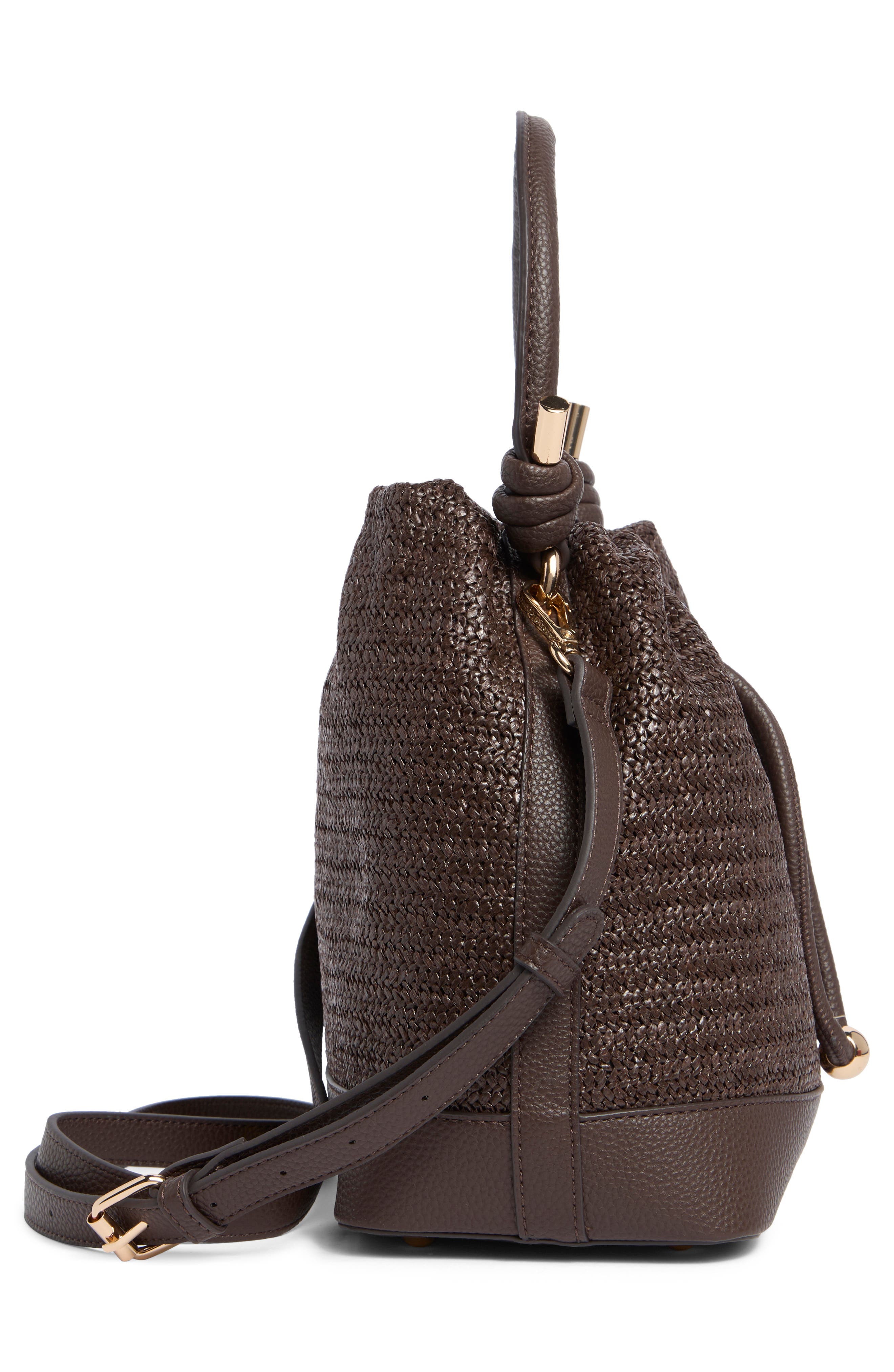Nanette Lepore Straw Drawstring Convertible Bucket Bag, Alternate, color, Maple Straw-Maple
