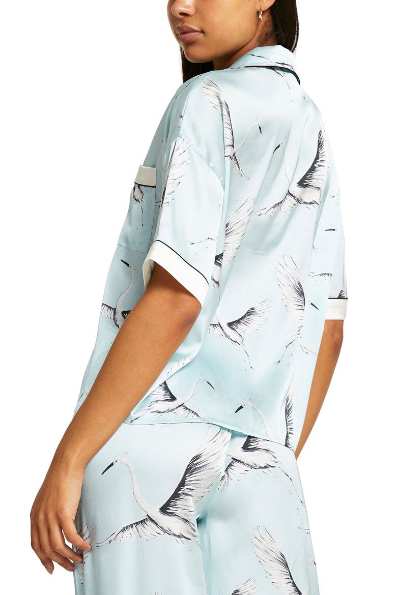 Bird Print Satin Pajama Top, Alternate, color, LIGHT BLUE