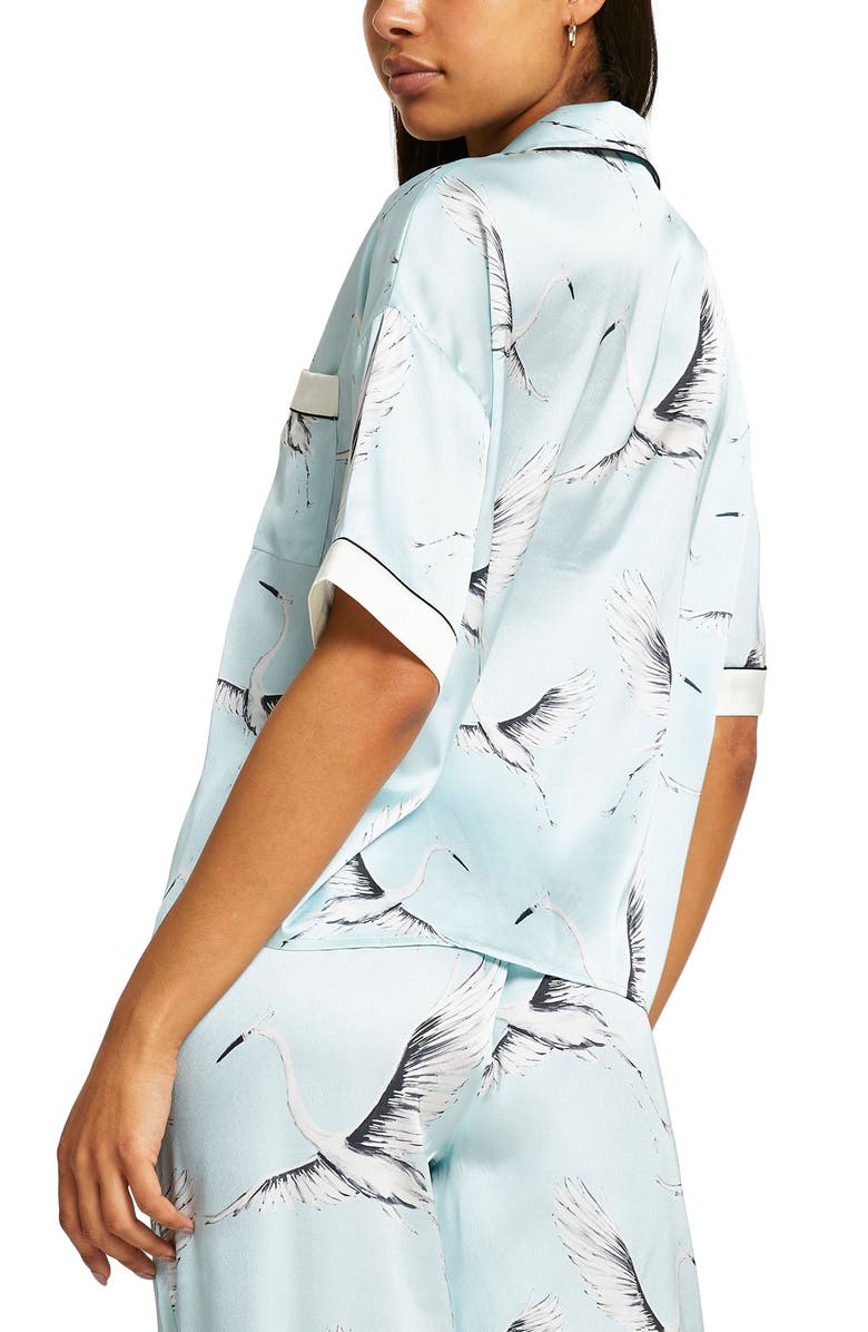 River Island Bird Print Satin Pajama Top, Alternate, color,