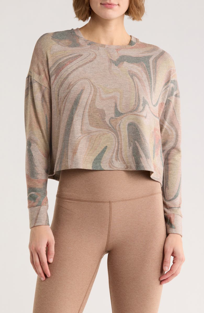 Beyond Yoga Brushed Up Print Long Sleeve Crop Top, Main, color, Natural Marble